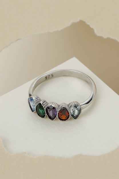 Bague goutte de pierres précieuses colorées en argent