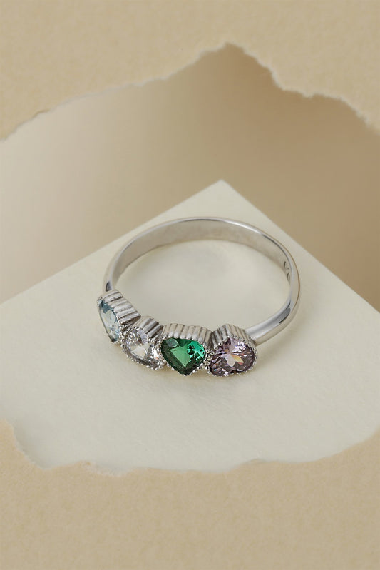 Anillo de corazón de piedras preciosas de colores de plata