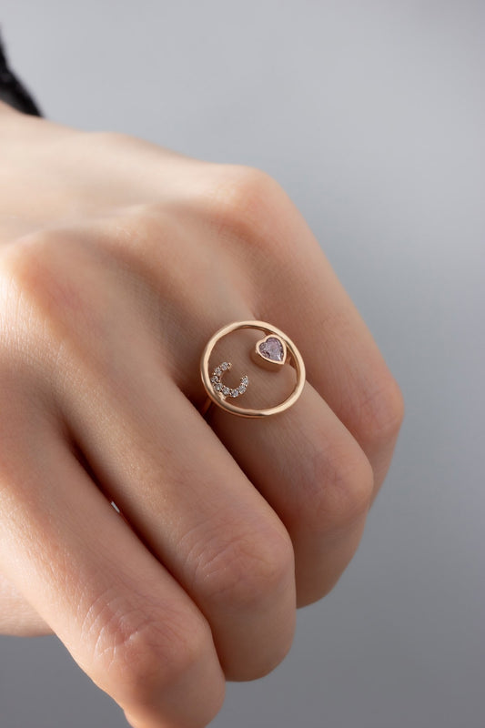 Silver Gemstone Adjustable Round Form Initial Birth Stone Ring