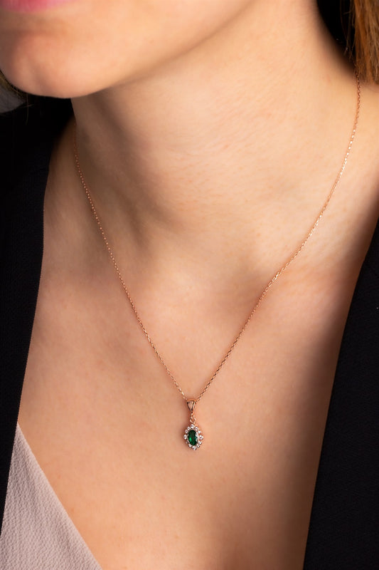 Silver Oval Emerald Gemstone Necklace