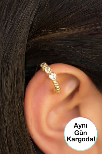 Silver Three Stoness Cartilage Earrings