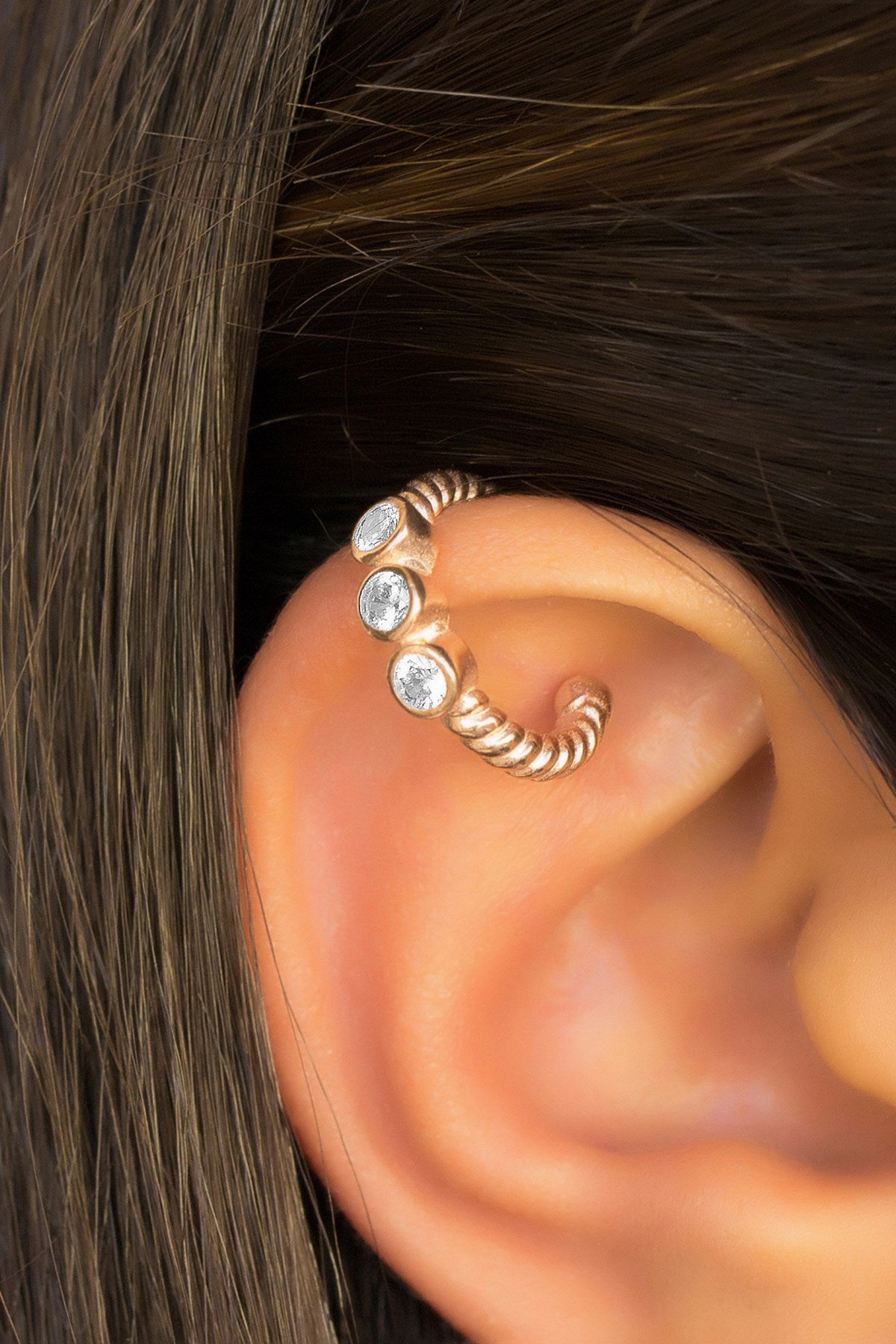 Silver Three Stoness Cartilage Earrings