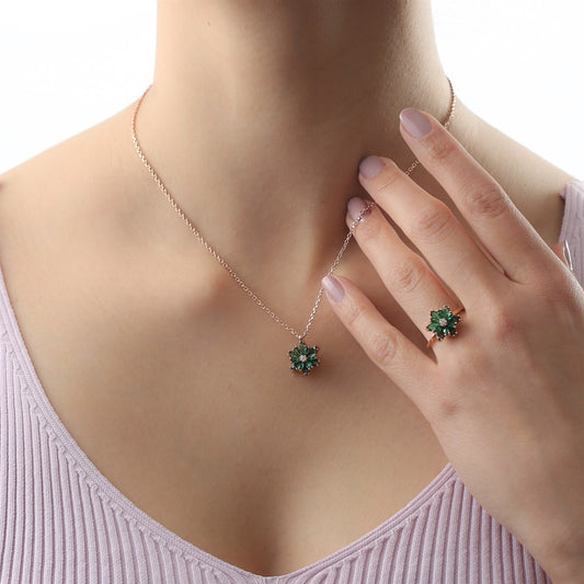 Mini ensemble de bagues et colliers en forme de fleur de lotus, pierres précieuses vertes argentées