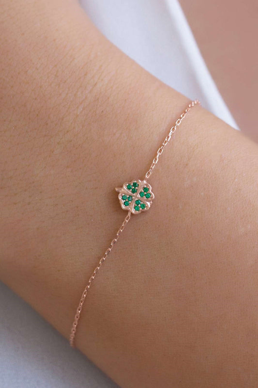 Silver Green Gemstone Clover Bracelet