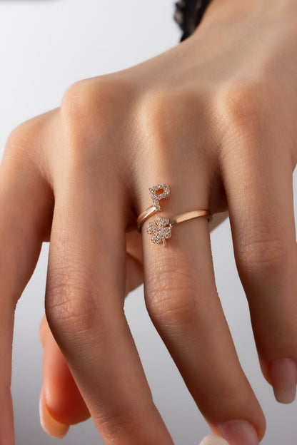 Silver Cloverlı Adjustable Initial Ring