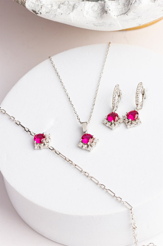 Silver Round Ruby Gemstone Necklace Earrings Bracelet Set