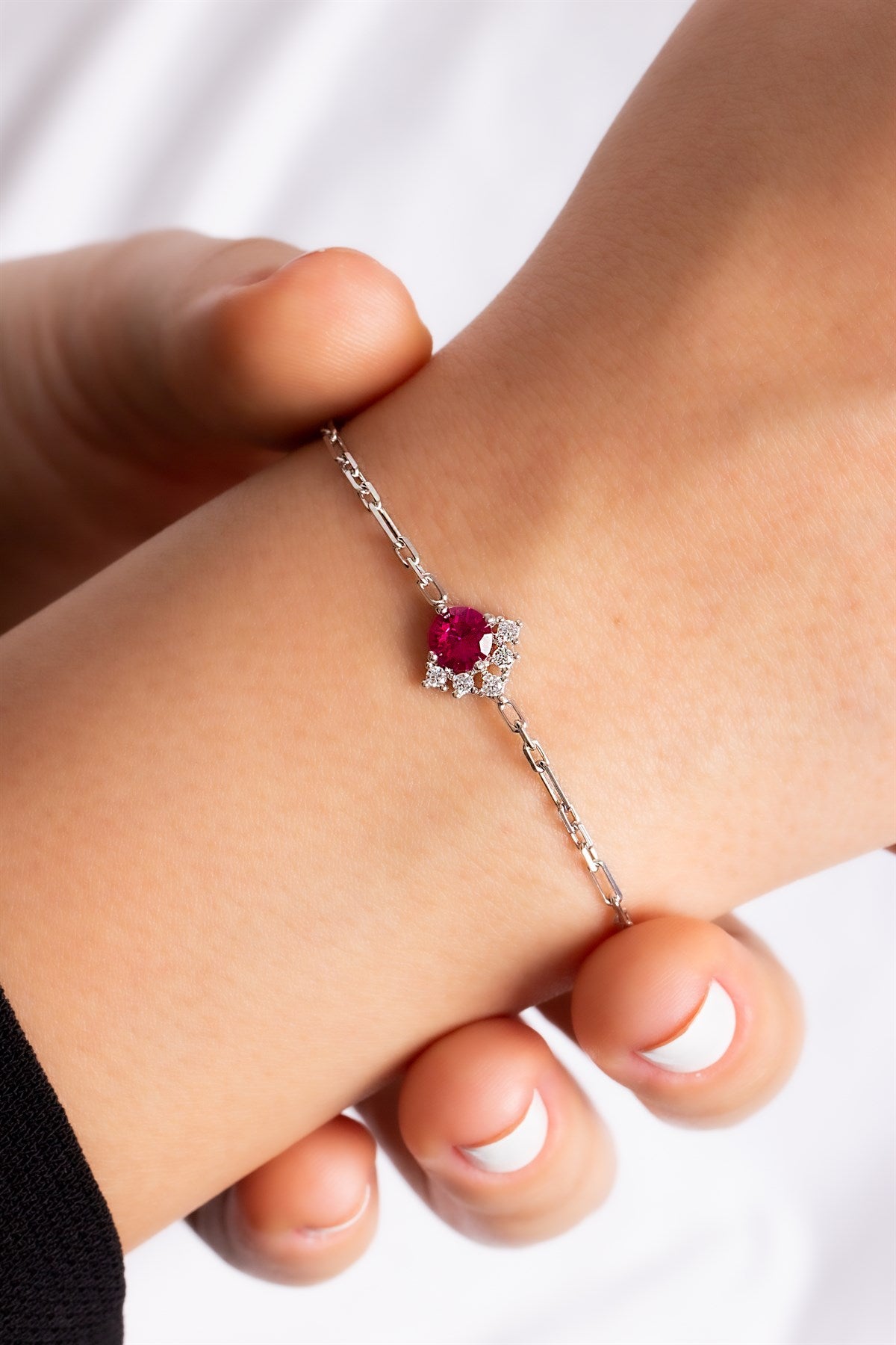 Silver Round Ruby Gemstone Necklace Earrings Bracelet Set