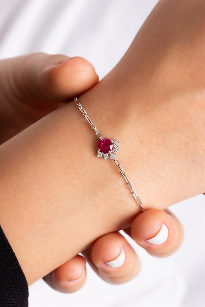 Silver Round Ruby Gemstone Necklace Earrings Bracelet Set