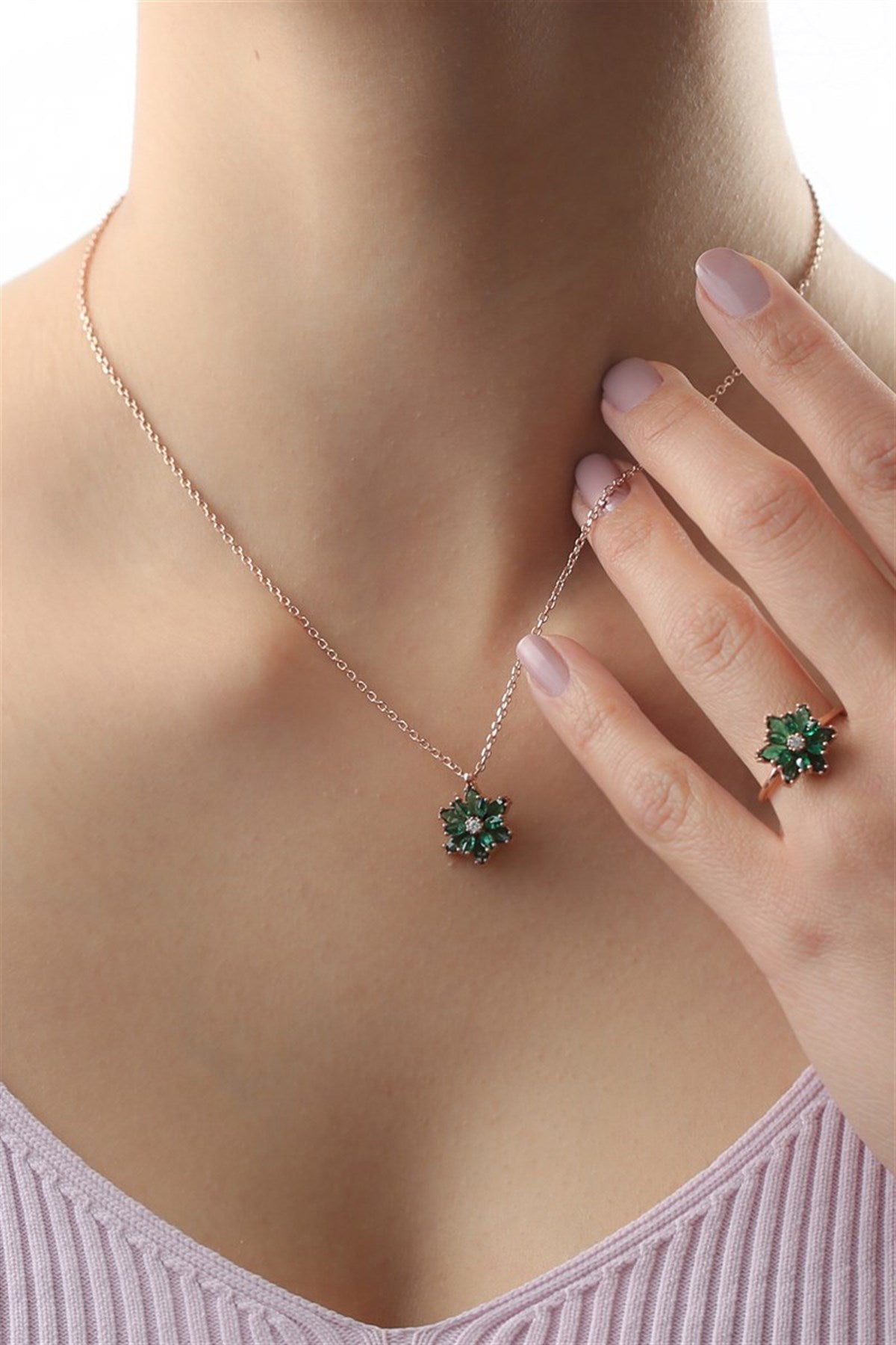 SilverGreen Gemstone Lotus Camellia Flower Necklace