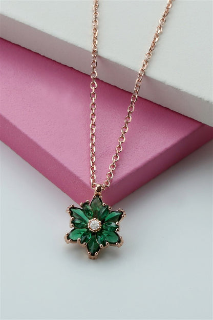 SilverGreen Gemstone Lotus Camellia Flower Necklace