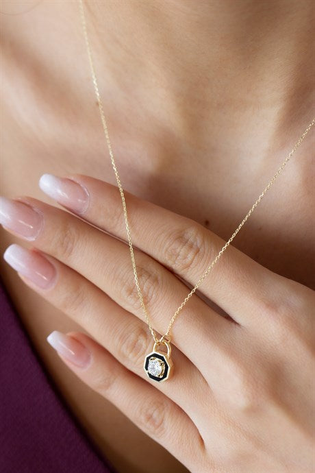 Solid Gold Black Enamel Solitaire Necklace | 8K (333) | 2.53 gr